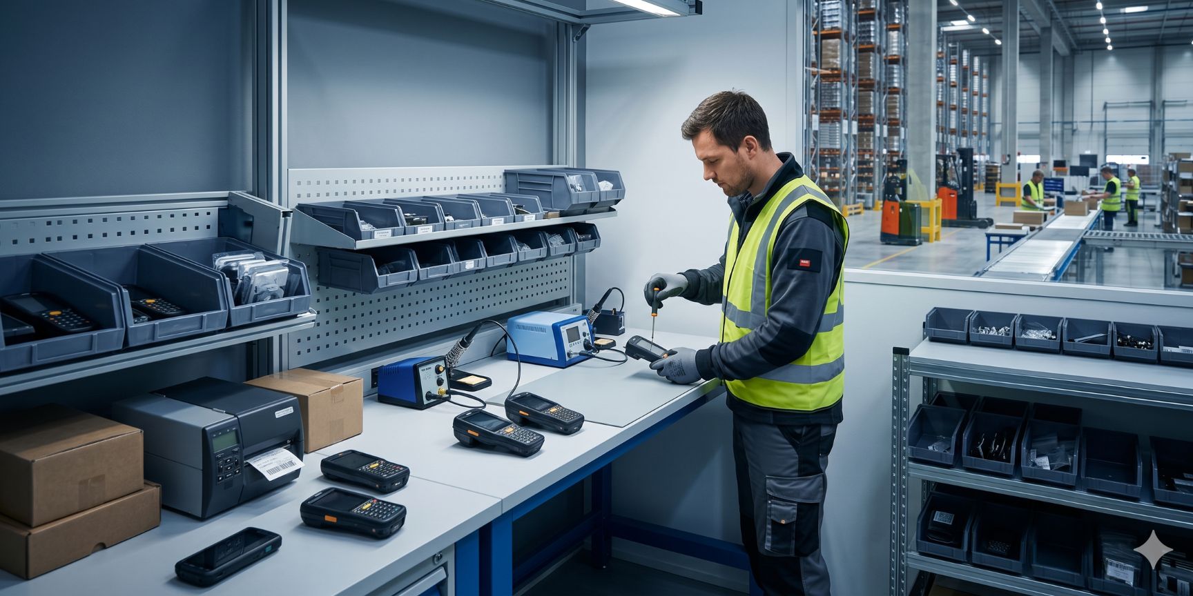 Ein Techniker konfiguriert elektronische Handterminals für Kundenaufträge in einem separaten Bereich einer Logistik-Werkstatt, saubere Werkbänke und Regale.